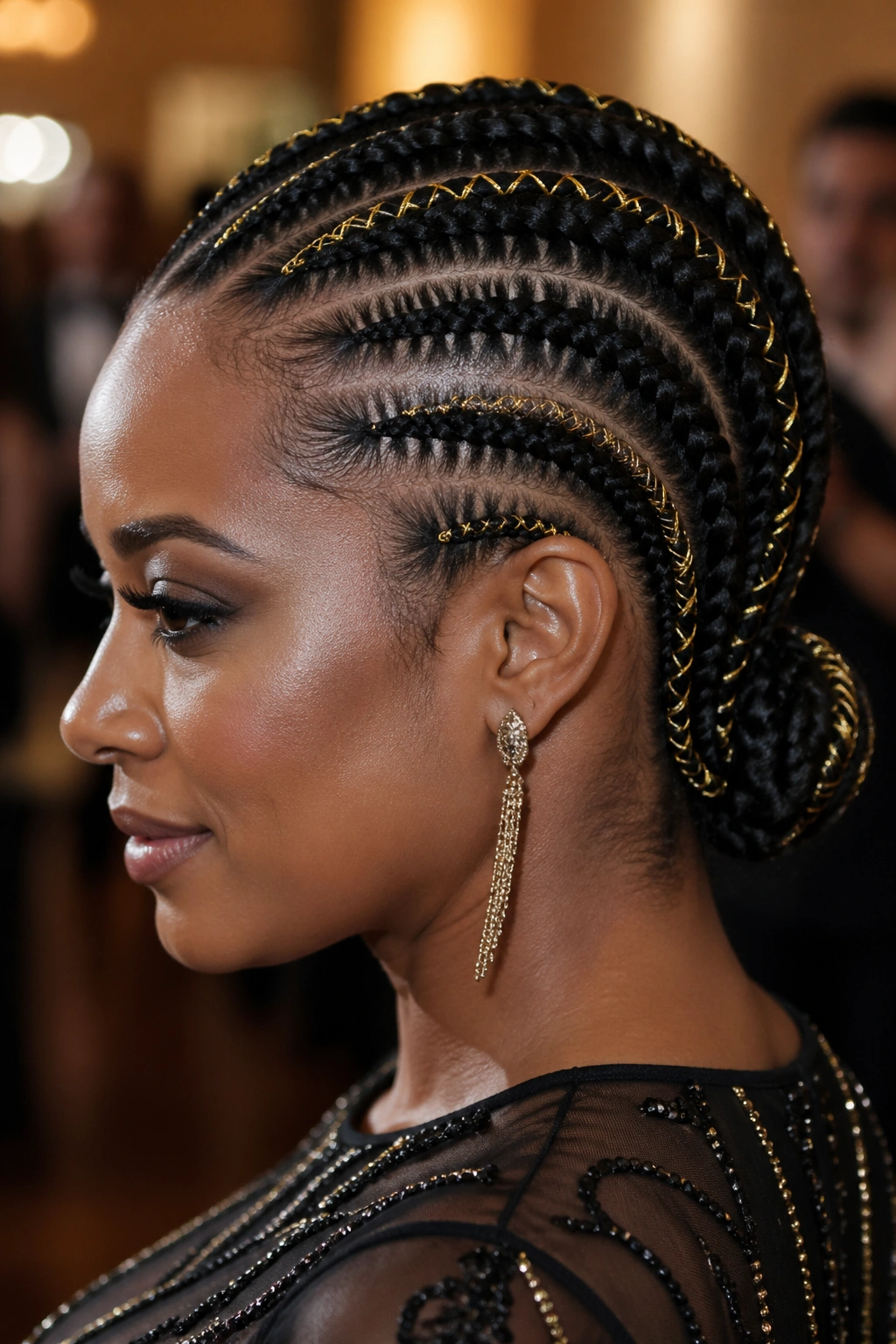 Close-up of a real person with black cornrows and gold thread