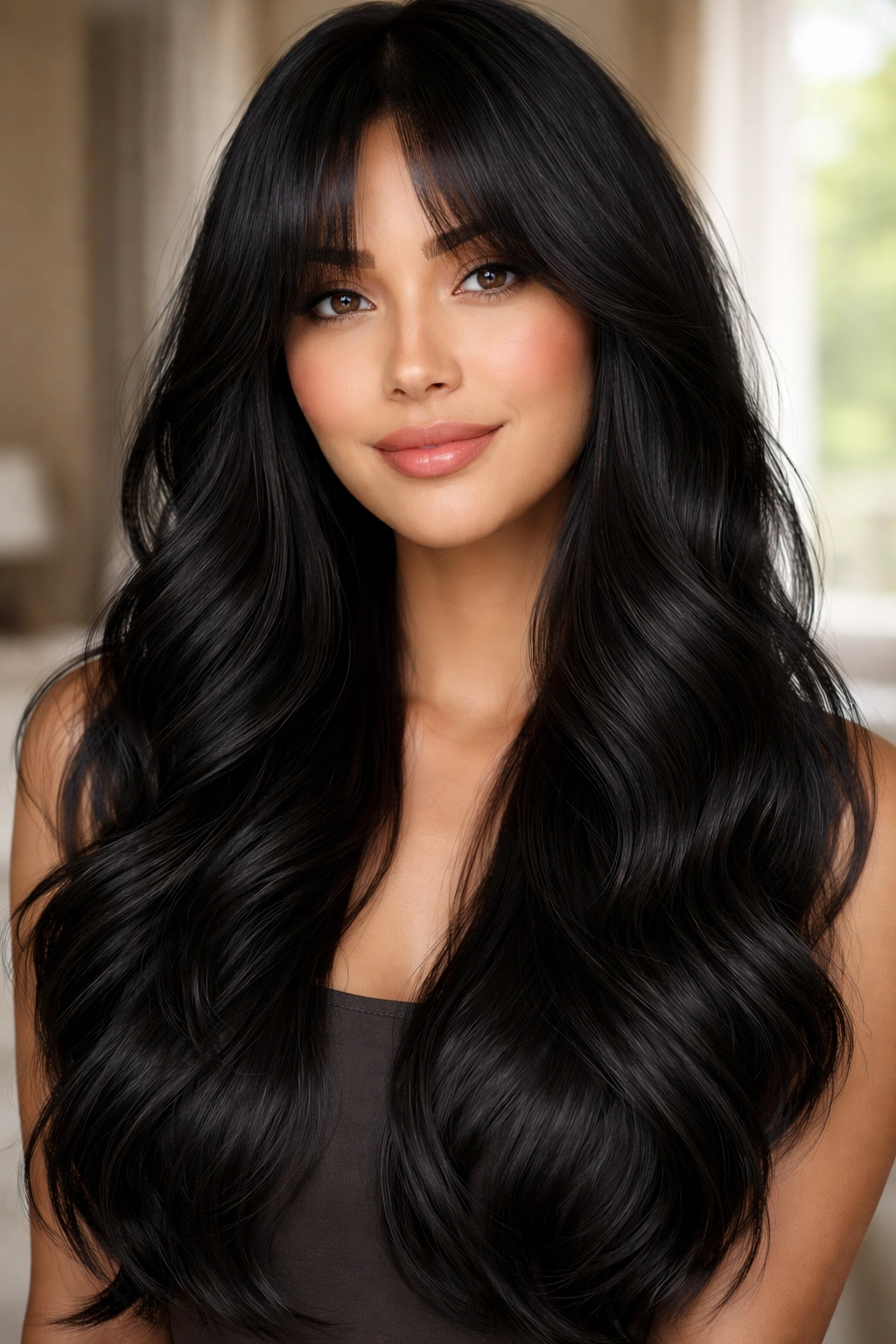 Close-up of a real woman with jet-black soft waves and center-skimming curtain bangs.