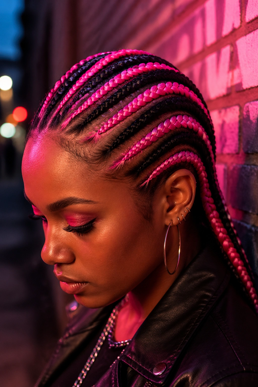 Close-up of a real person with black and neon pink cornrows