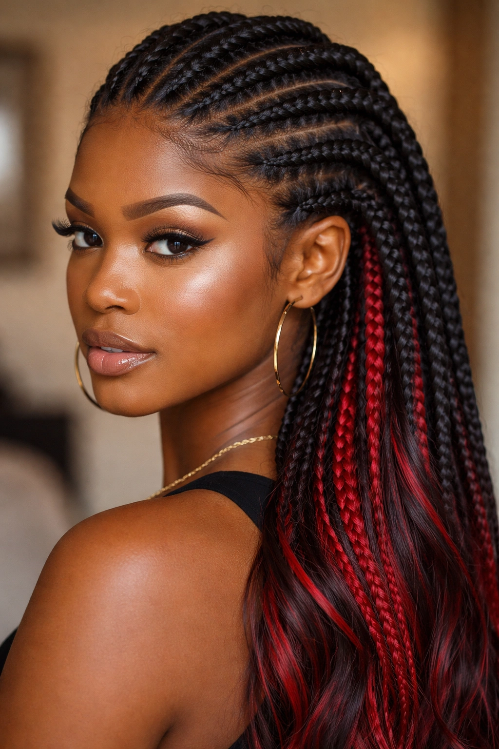 Close-up of black cornrows with red peekaboo underlayer on a real person