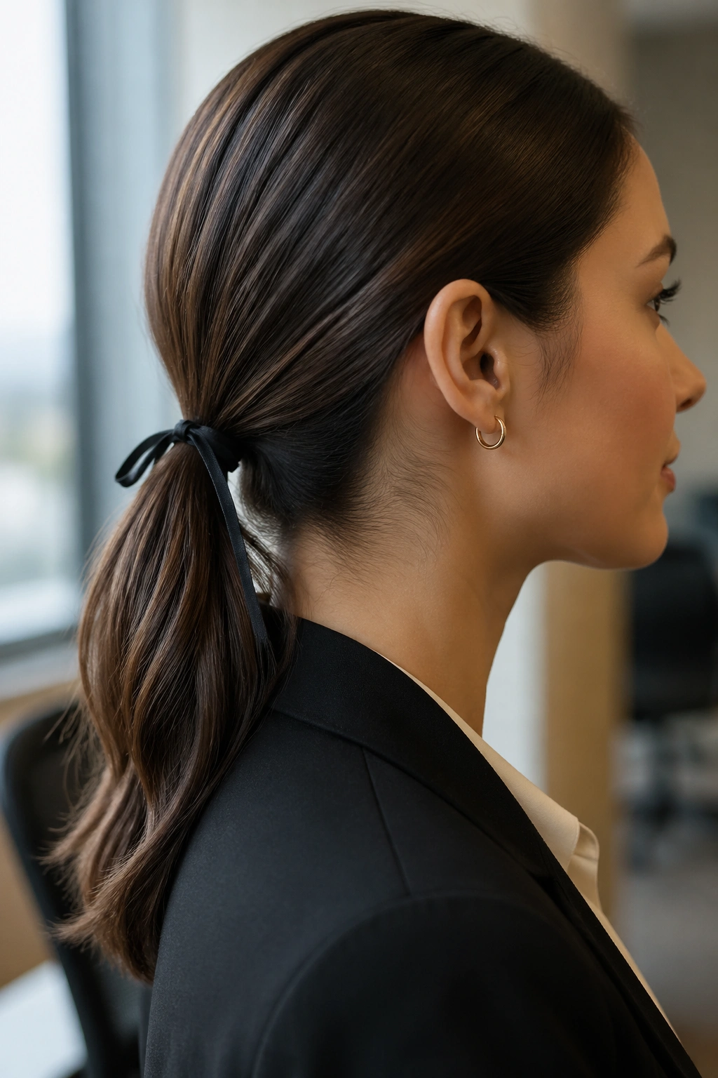 Real woman with slim black ribbon in a clean office ponytail