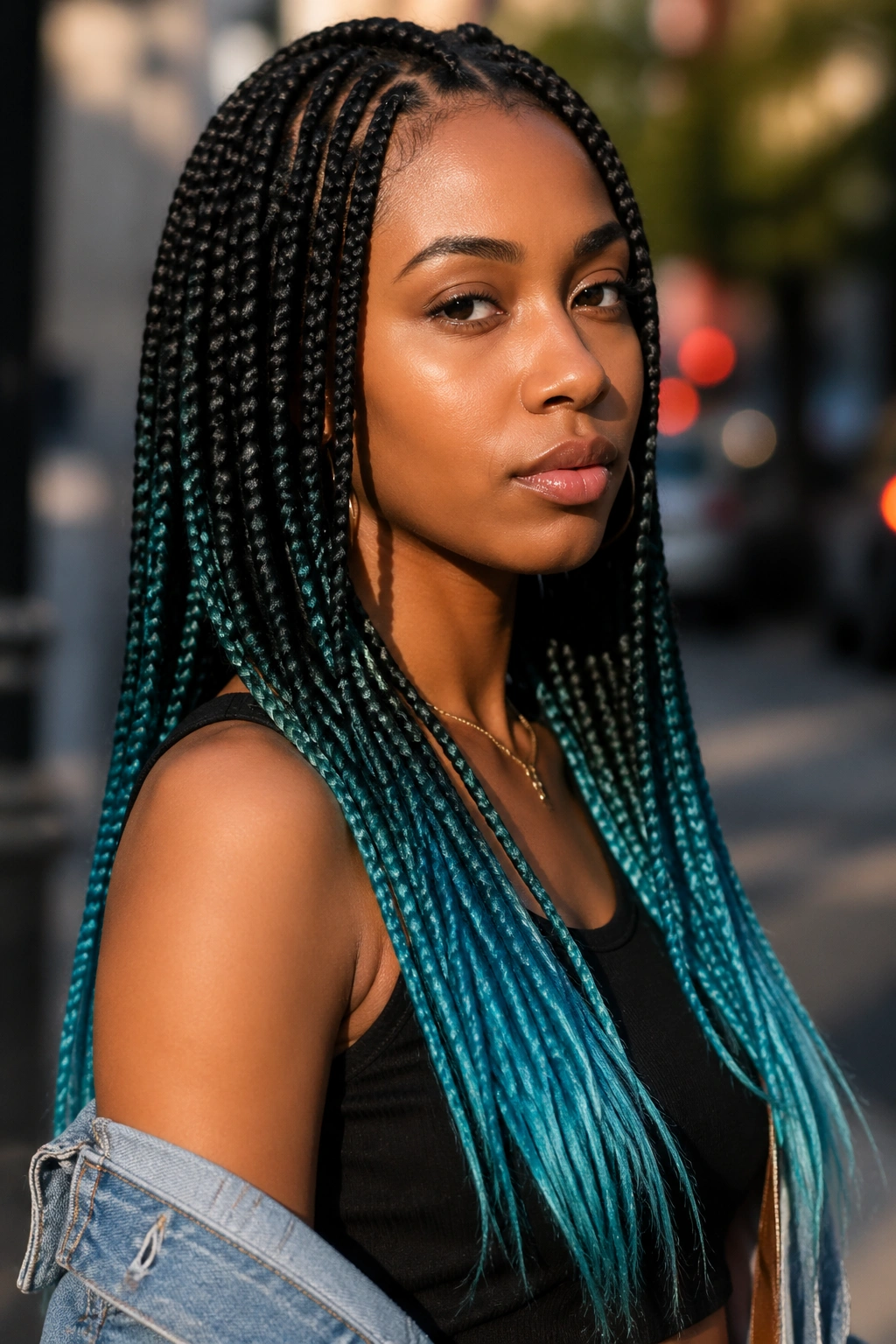 Close-up of real woman with black to turquoise dip-dye braids