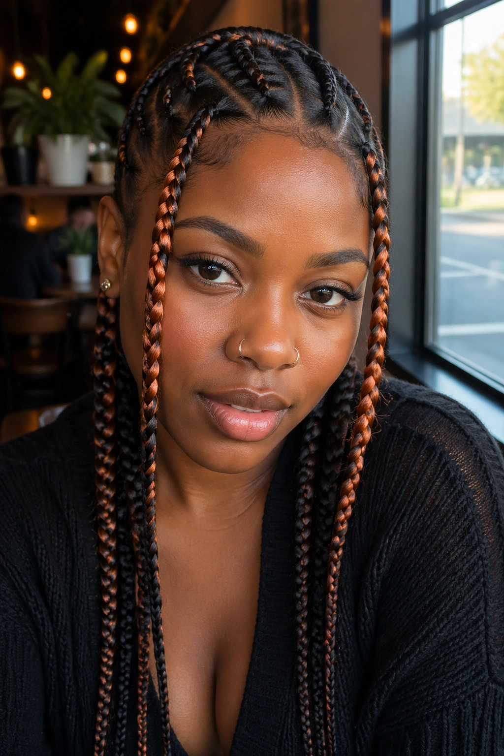 Close-up of black-base cornrows with copper money pieces framing the face.