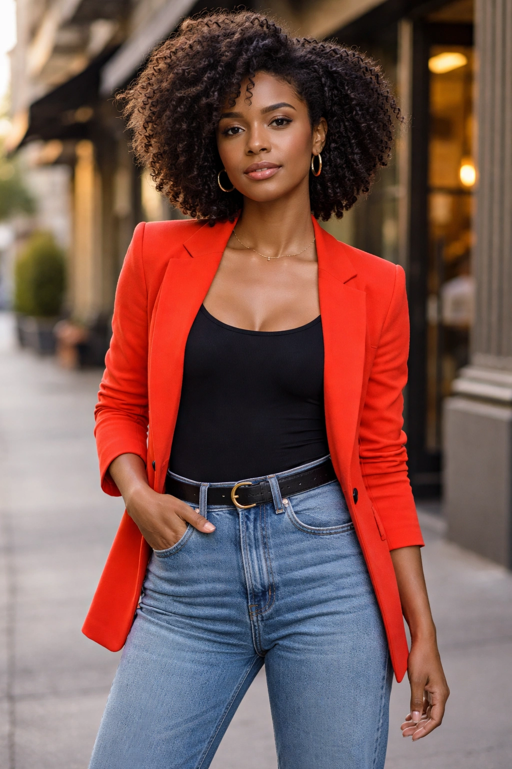 Portrait of a woman in vermilion blazer over bodysuit and high-rise jeans, Afro chic street style