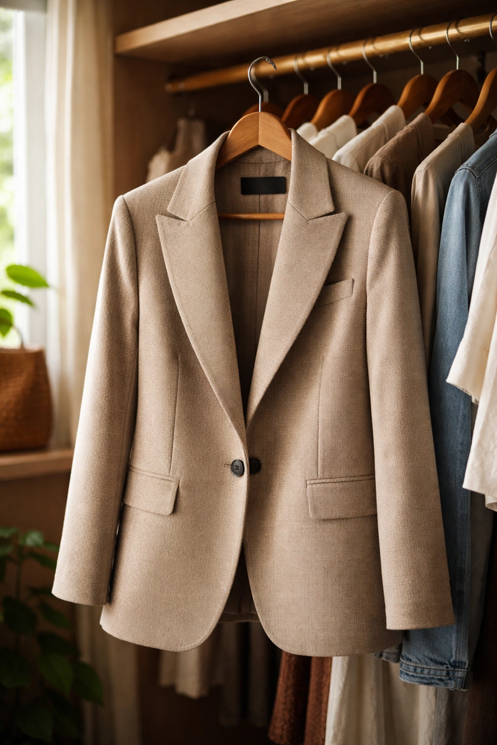 Close-up of a tailored blazer filling the frame in a closet
