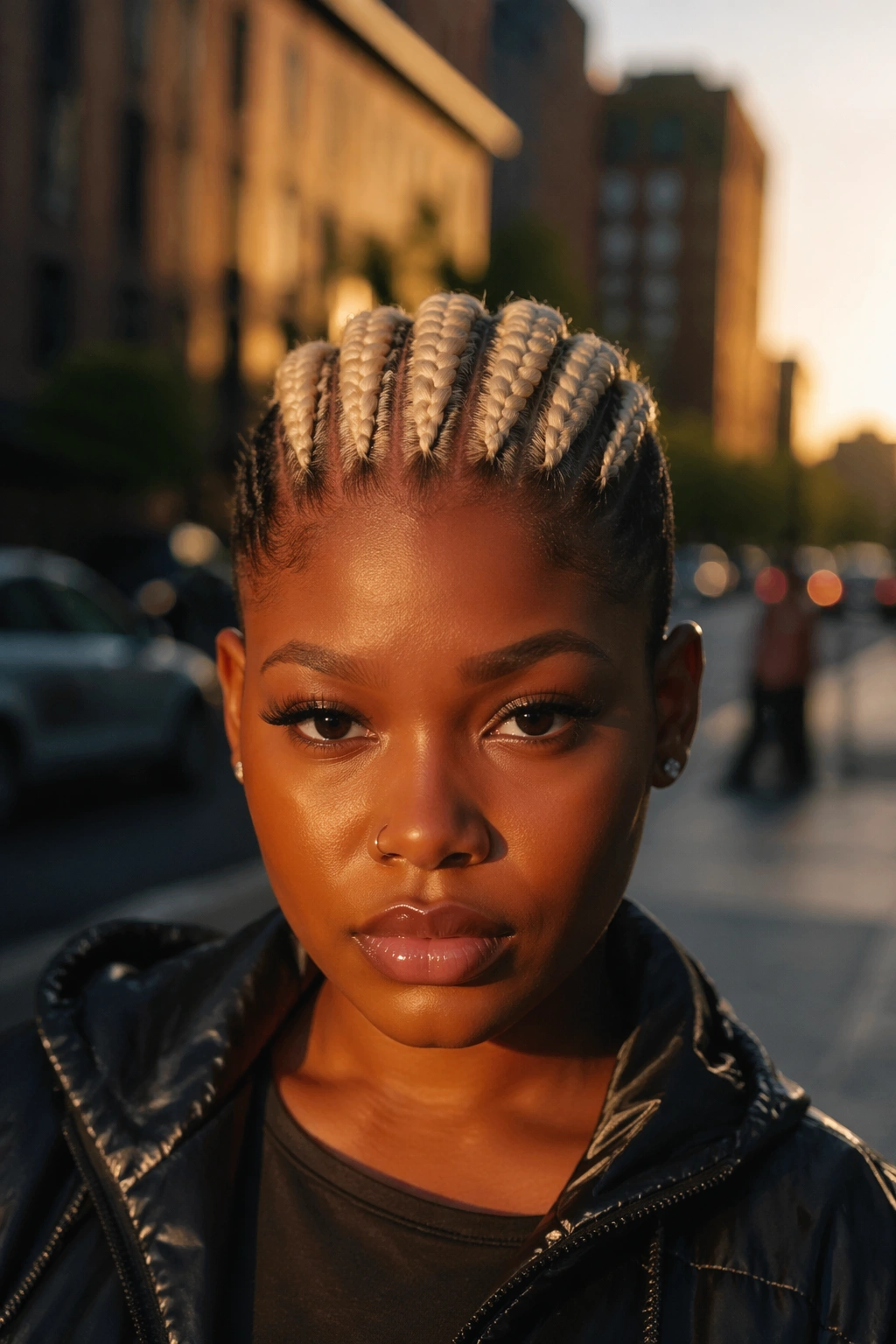 Bleach blonde crown with dark sides in a bold reverse-mohawk style