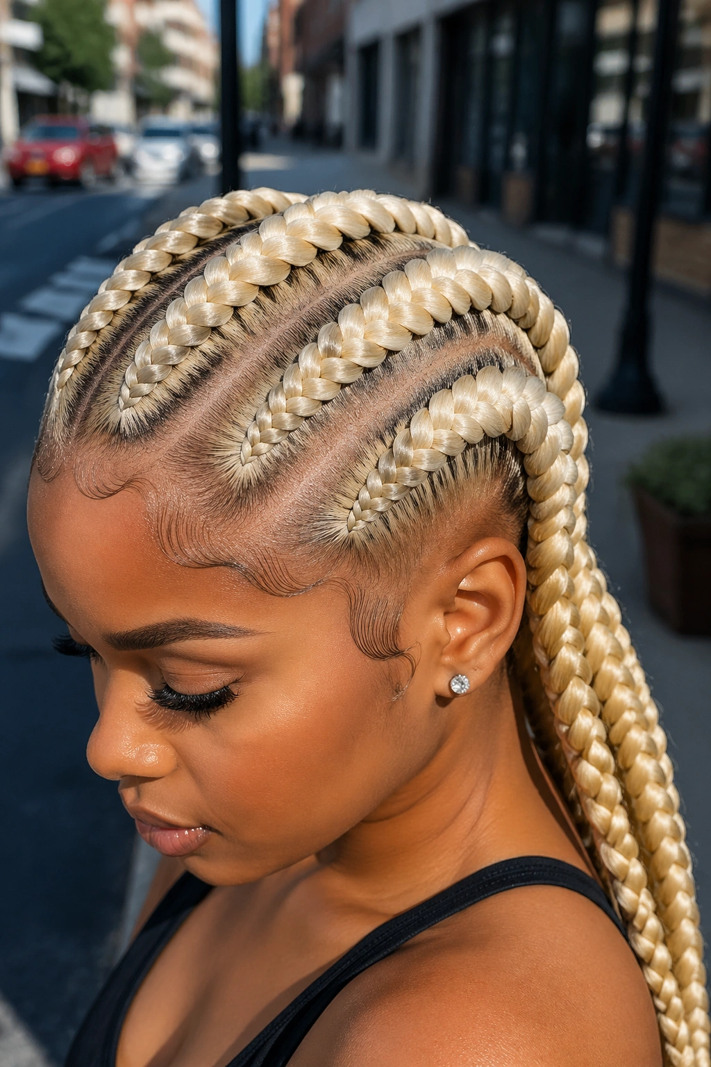 Portrait of a real person with jumbo bleach-blonde cornrows across the head