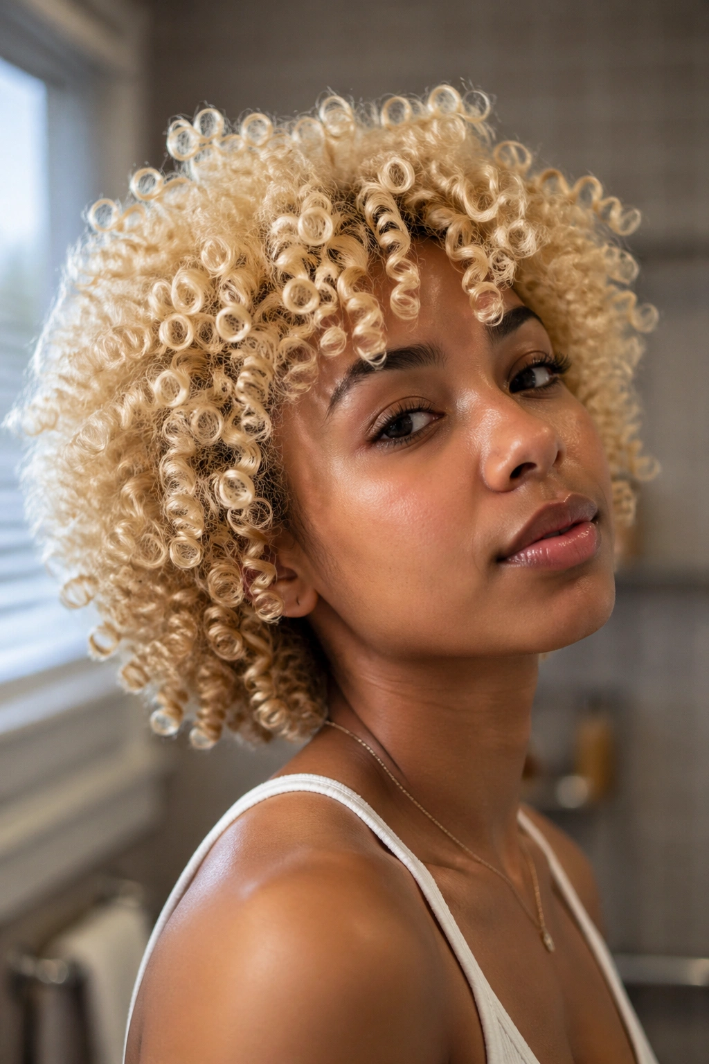 Close-up of a real woman with bleached curly hair in warm bathroom light
