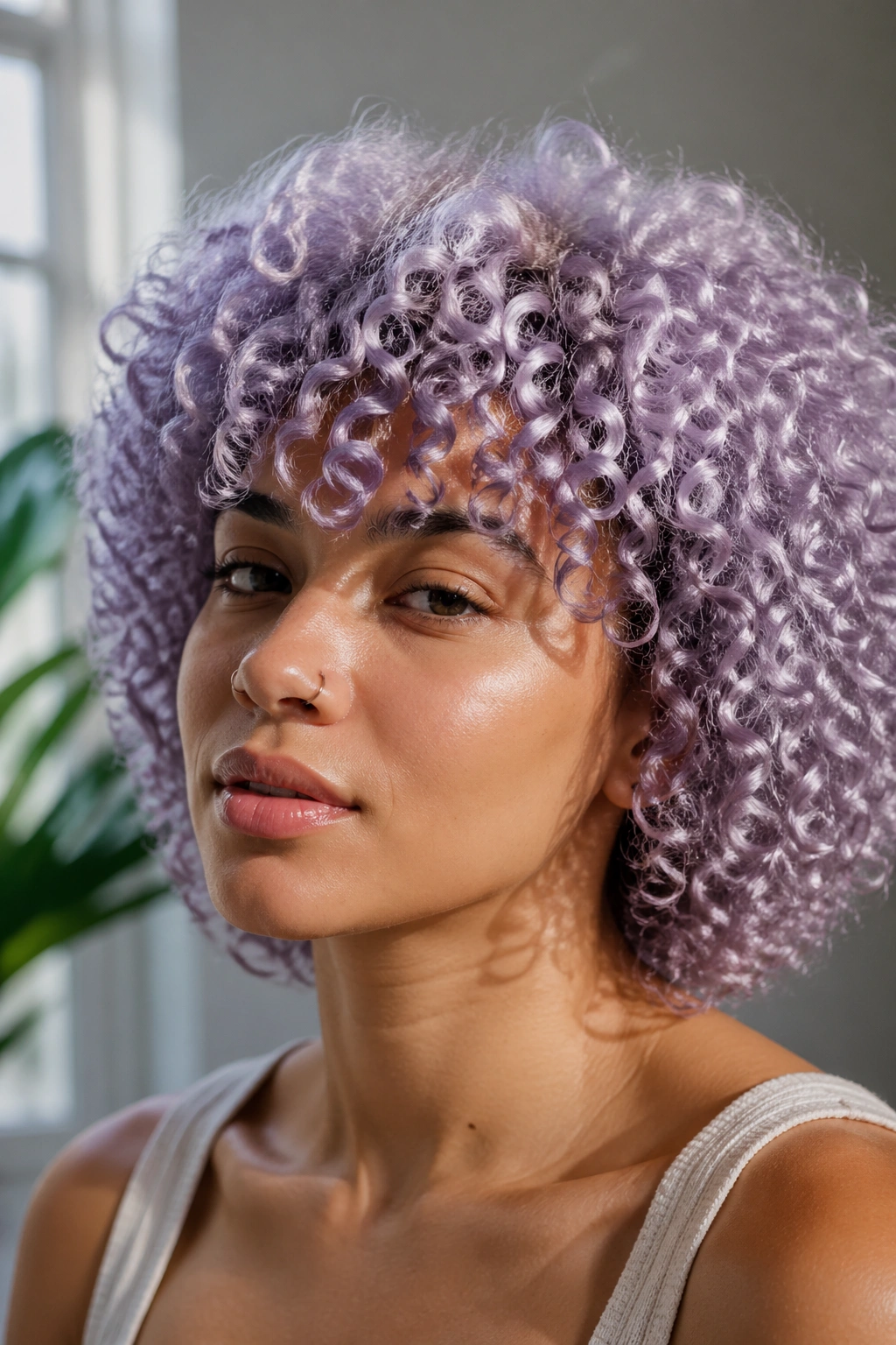 Close-up of a real person with pale yellow lift and lavender toner on curls