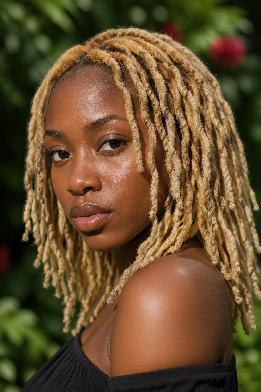Close-up of a real person with bleached curly locs in natural light