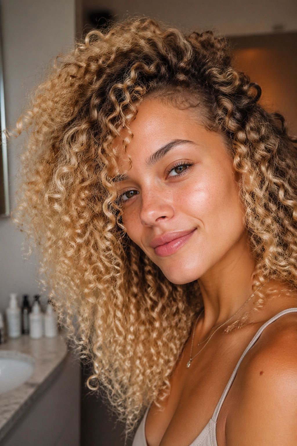 Close-up of a bleached curly hairstyle showing texture and porosity