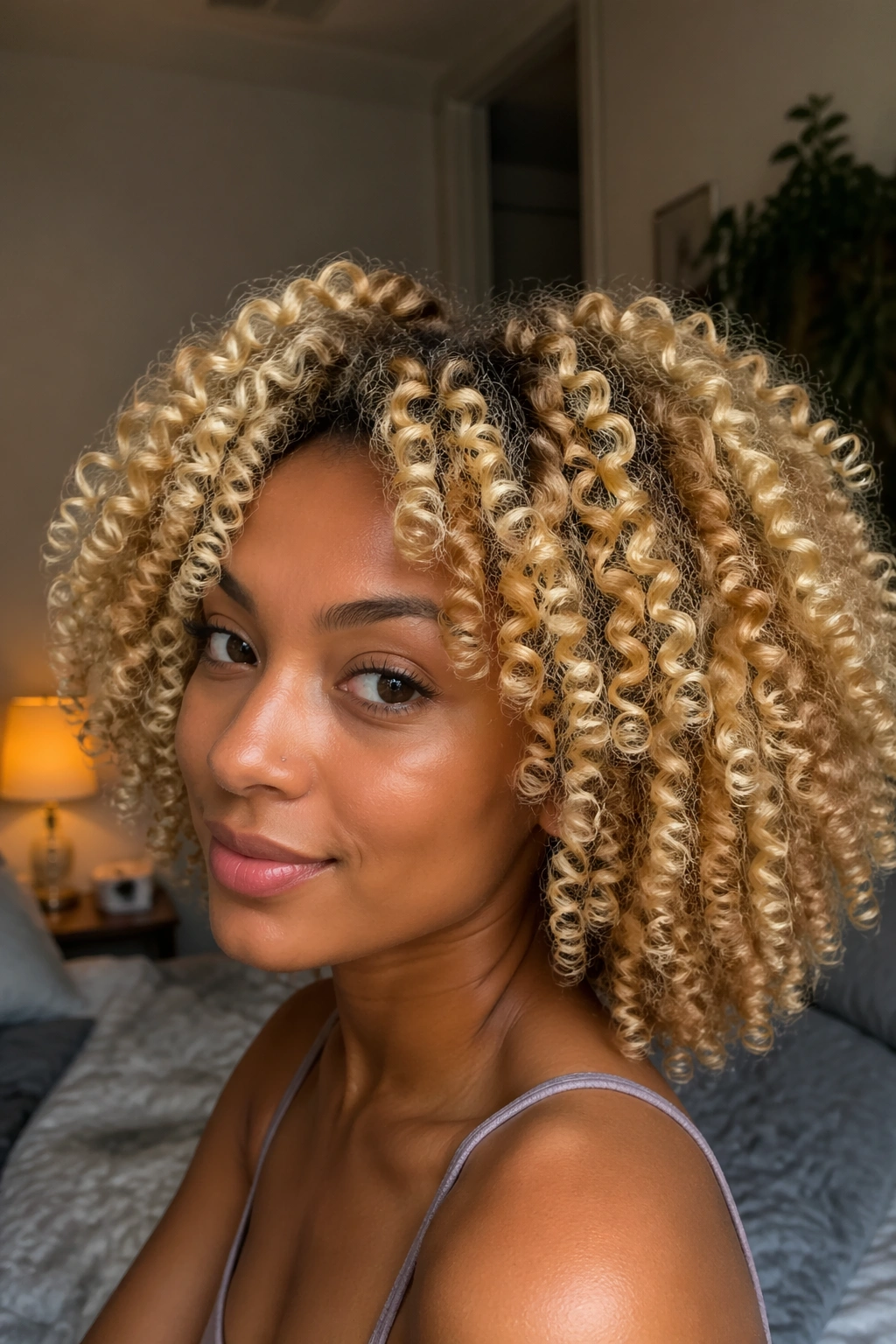 Close-up of a real woman with a blonde bantu knot-out hairstyle