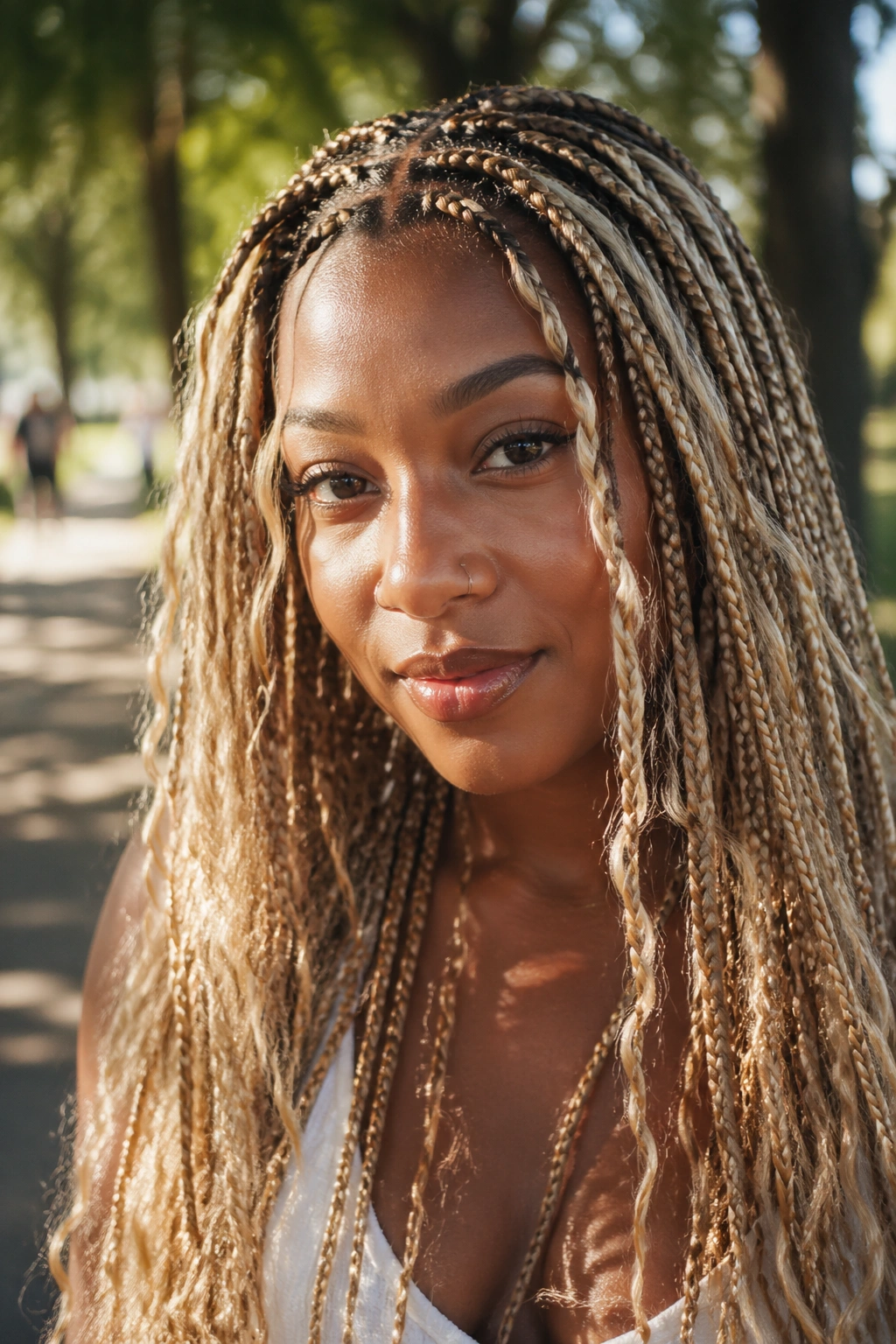 Close-up of a real woman with blonde-toned boho box braids in sunlight