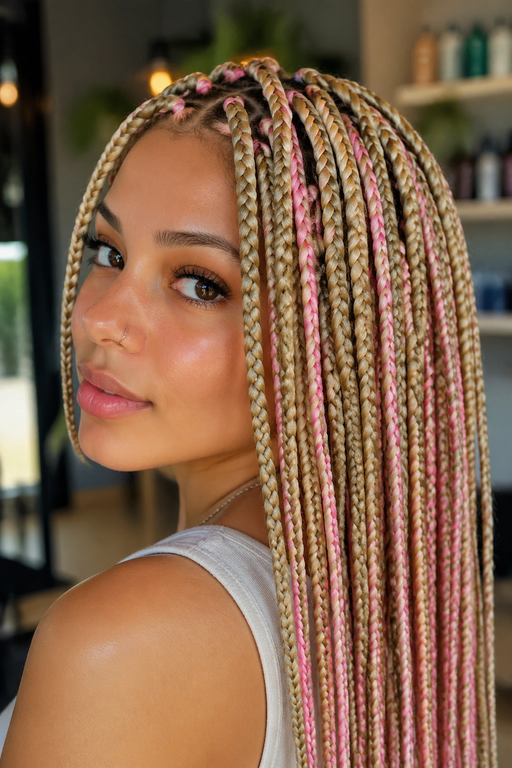 Close-up of a real person’s head showing blonde box braids with subtle pink ribbon streaks woven through.