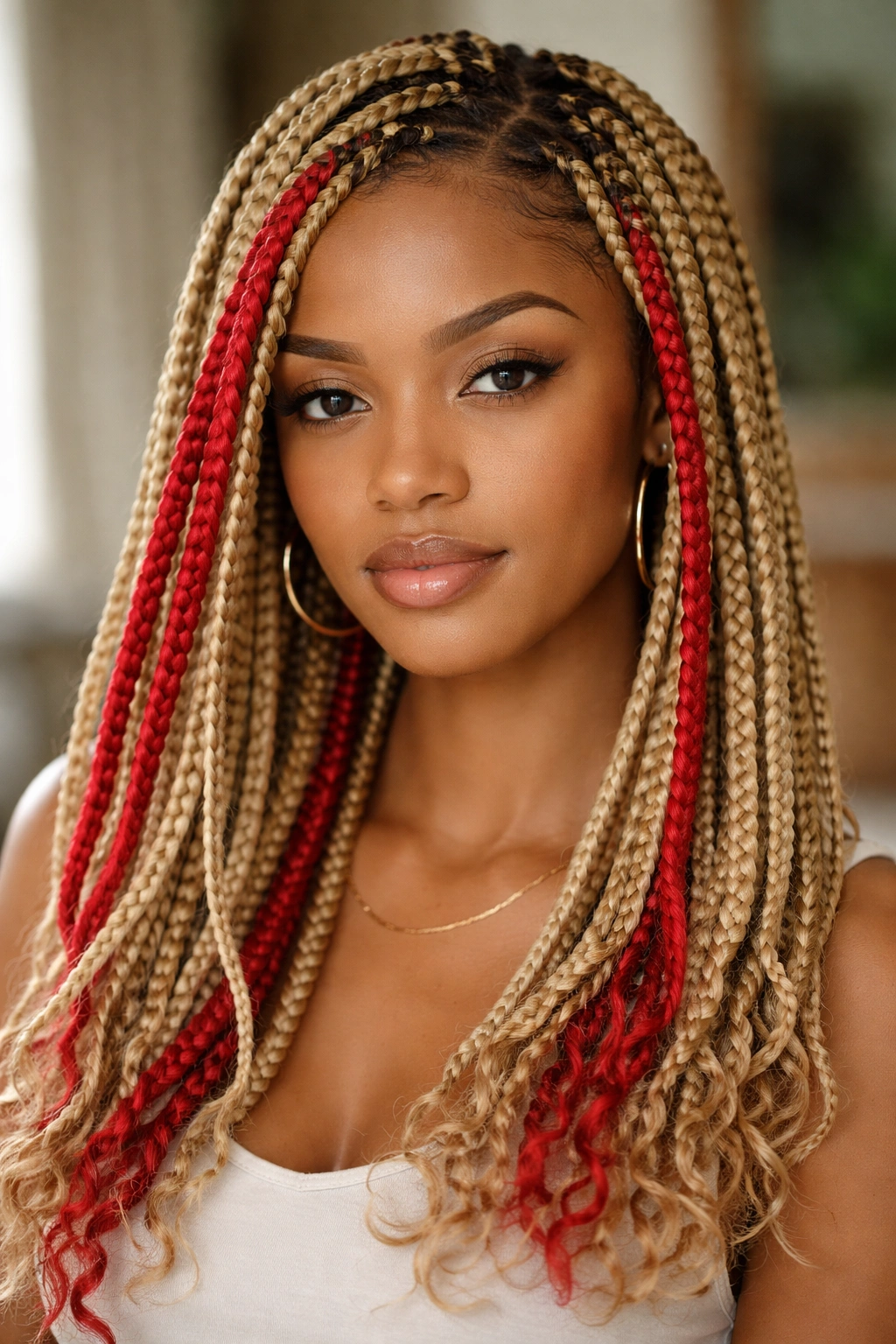 Close-up of real woman with blonde box braids and red accents