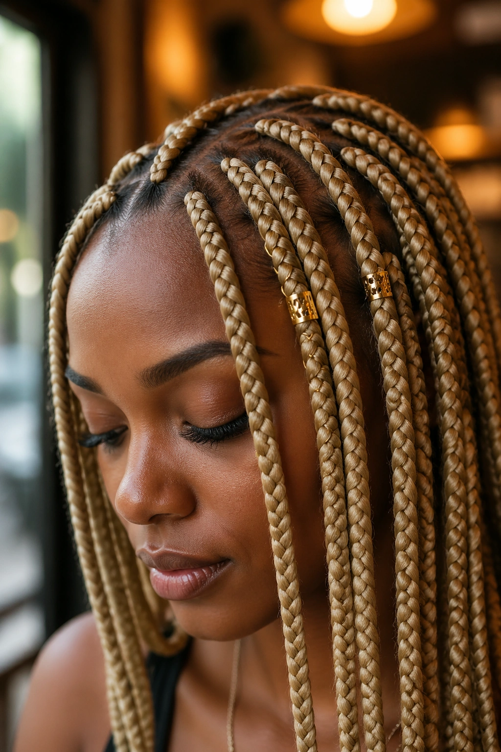 Close-up portrait of a Black woman with blonde braids, gold cuffs and thread