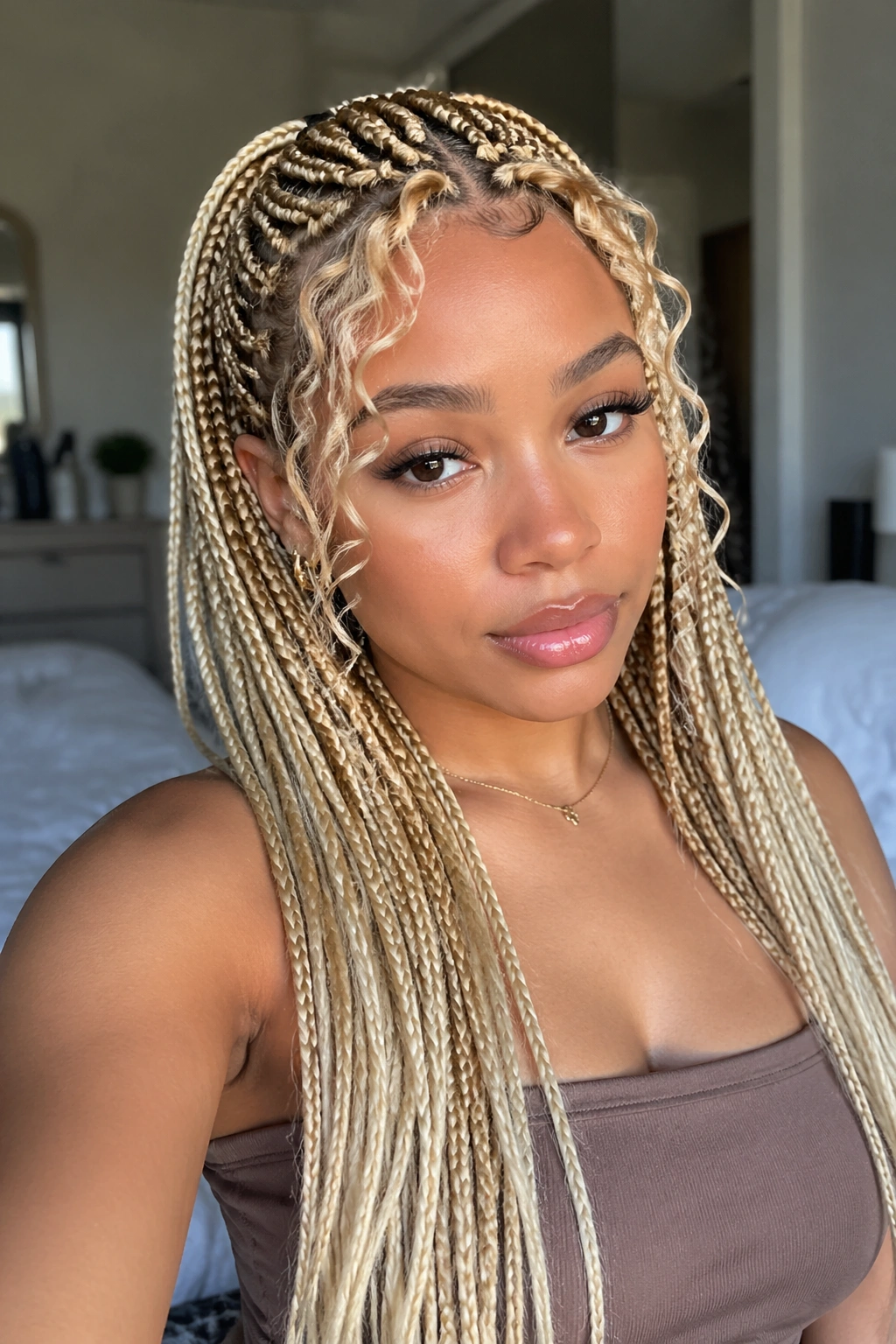 Portrait of a real woman with blonde braids and curly fringe around the hairline in soft light.