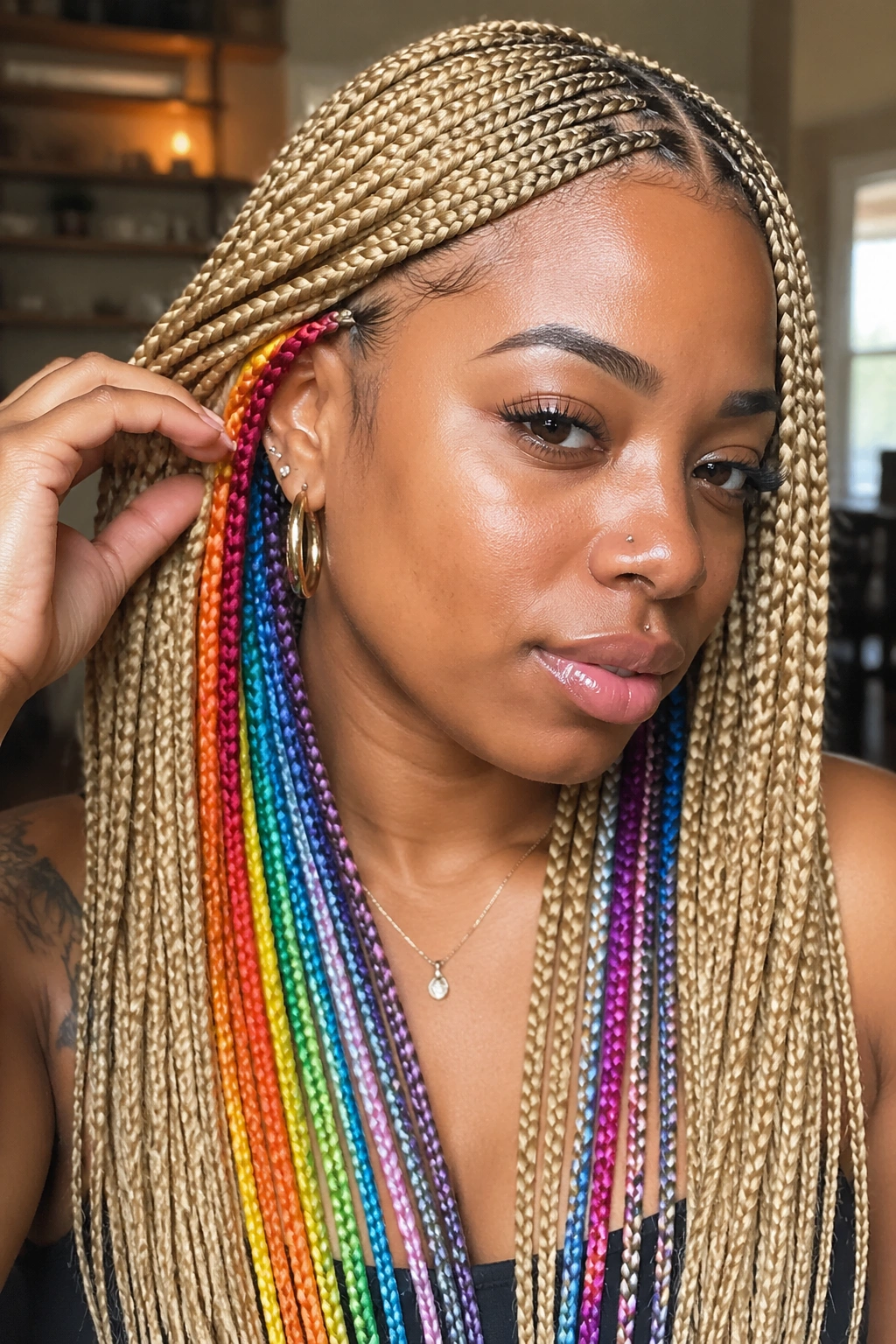 Close-up of blonde box braids with hidden rainbow panels revealed behind the ear.