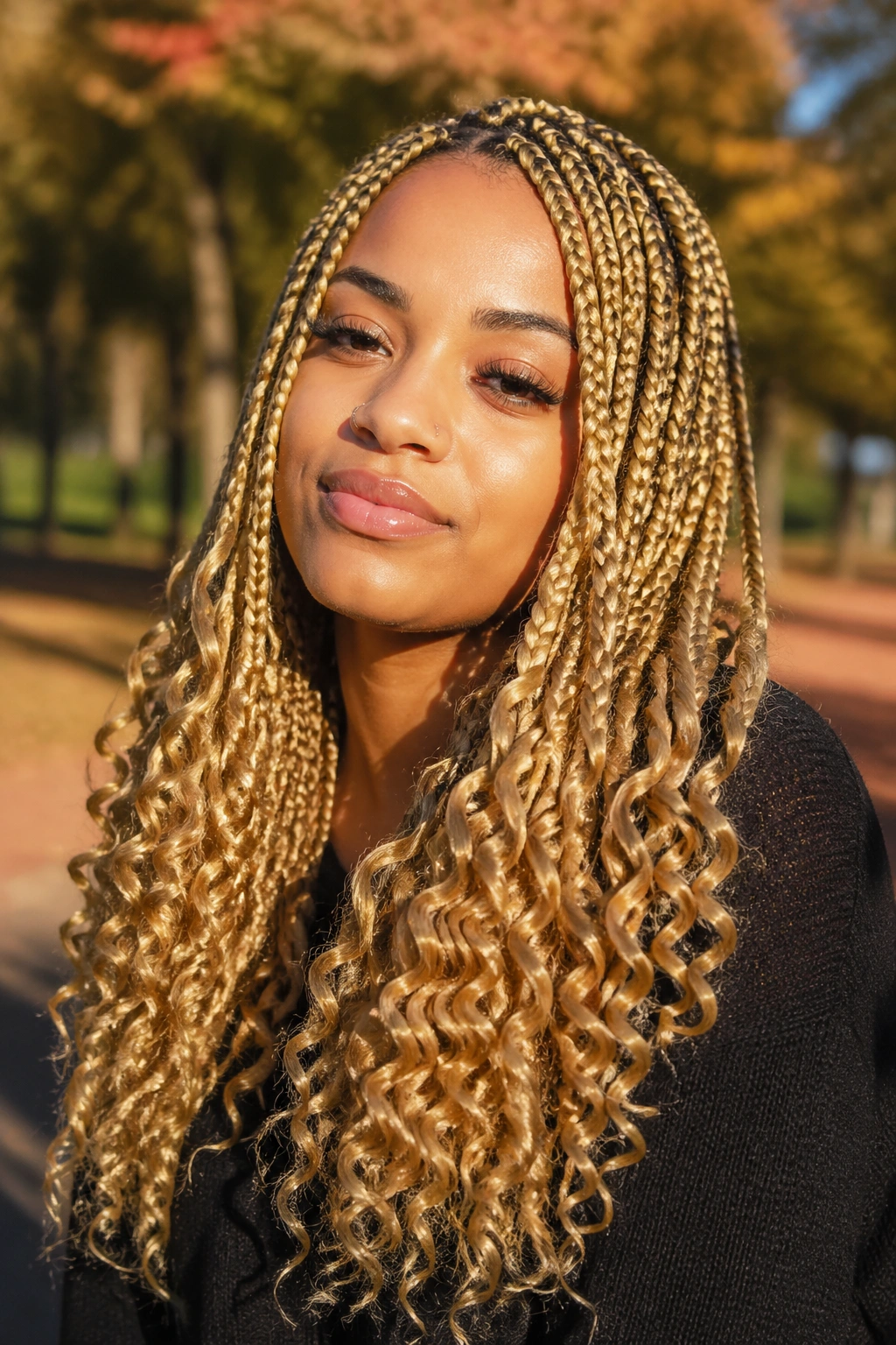 Close-up of a real person with blonde braids and honey curls at the ends