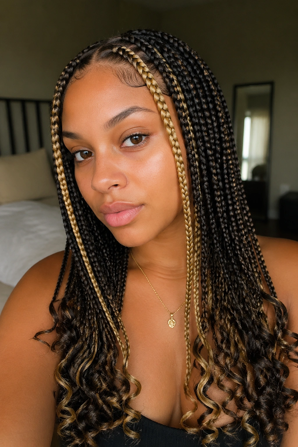 Close-up of a real woman with knotless box braids and blonde face-framing pieces near temples and curly ends.