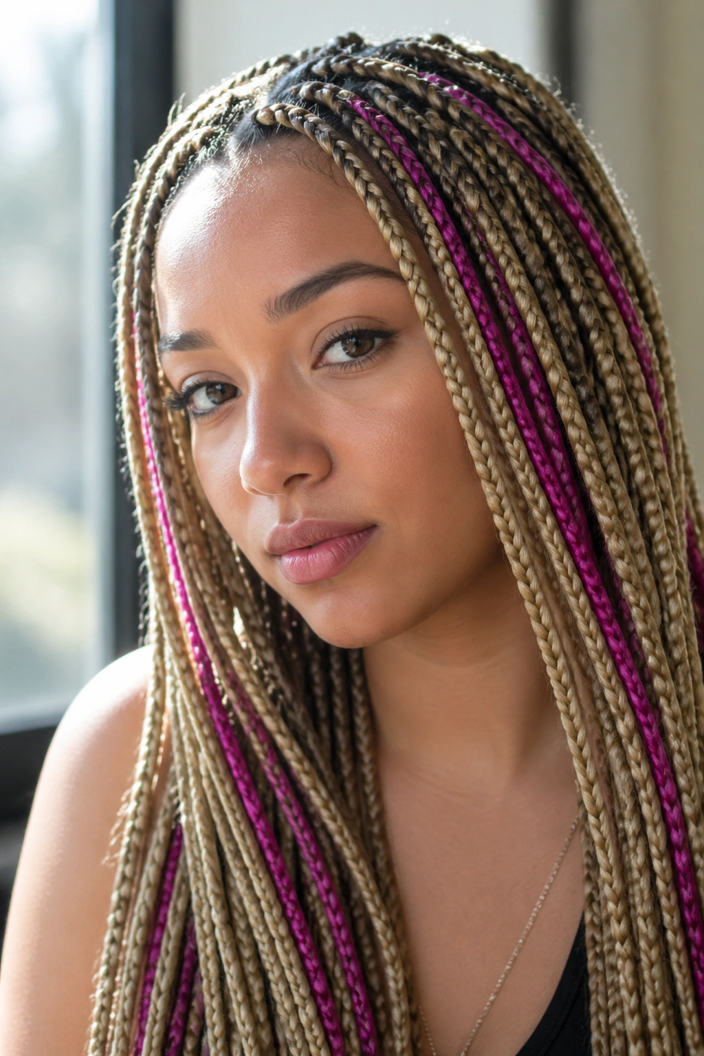 Portrait of real woman with blonde box braids and magenta accent strands