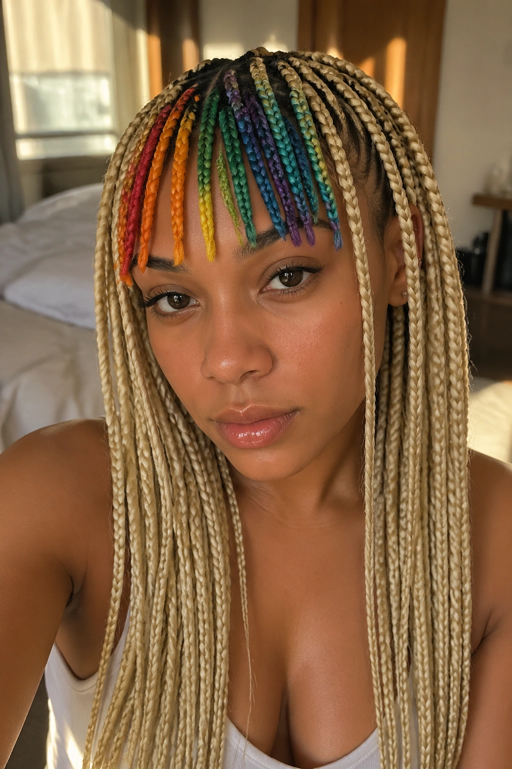 Close-up of a real woman with blonde braids and rainbow bangs in a cozy bedroom