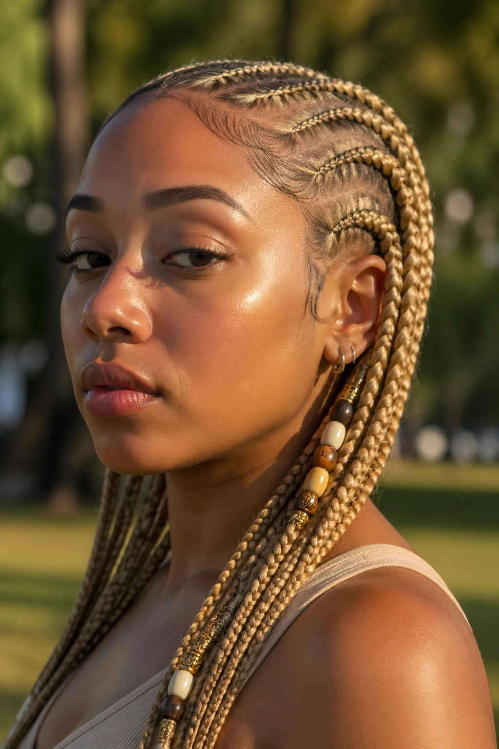 Close-up of a real woman with blonde cornrows with beads in a park at golden hour