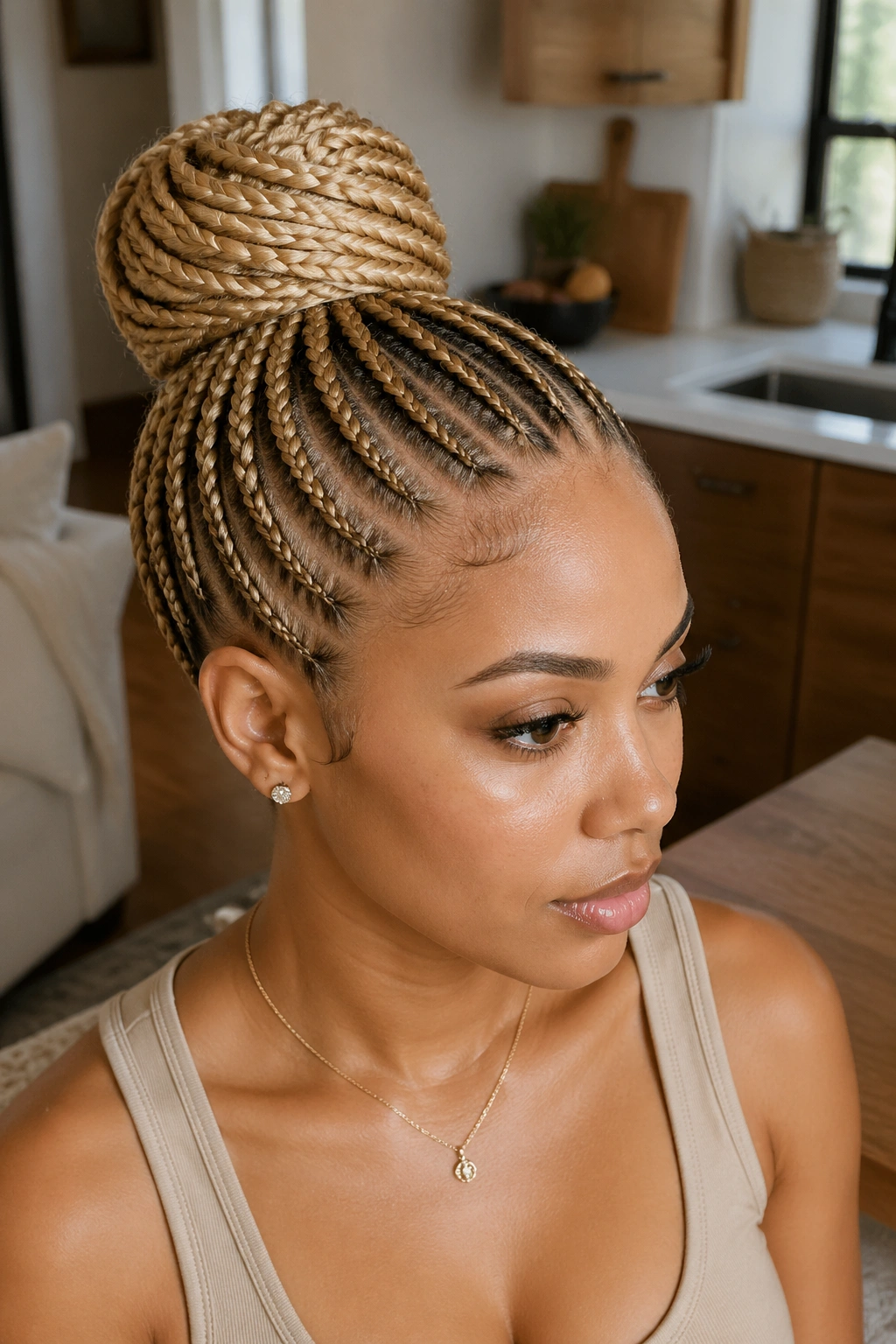 Close-up of a real woman with blonde cornrows forming a braided bun at the crown