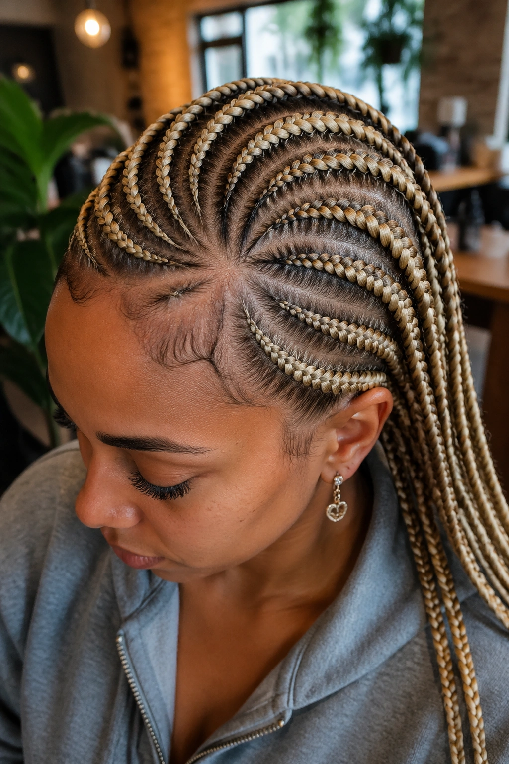 Real woman with blonde cornrows and curved parts in a warm setting