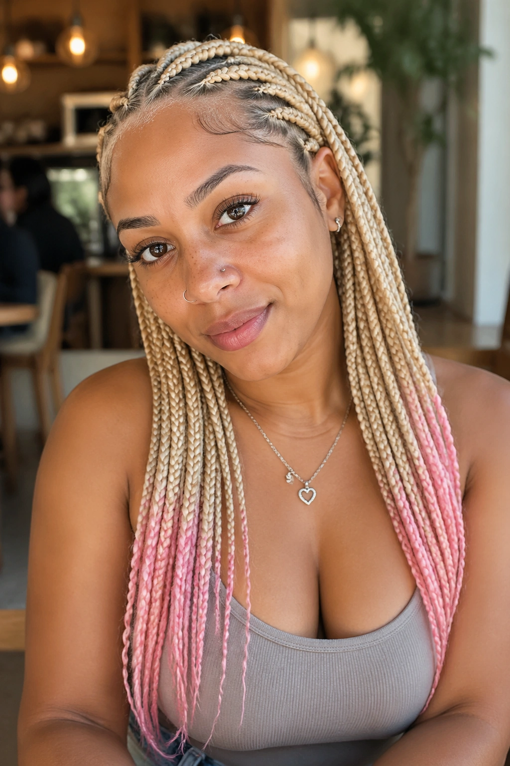 Close-up of a real woman with blonde cornrows ending in pink ombre tips