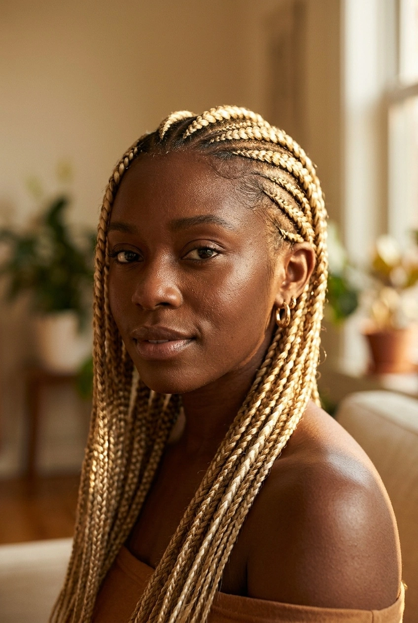 Close-up portrait of a real woman with blonde cornrows catching warm light.