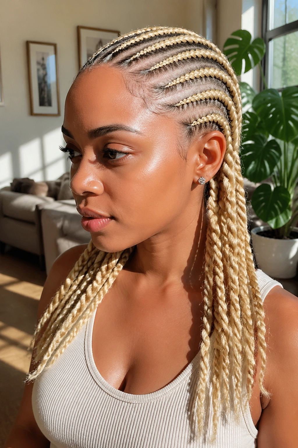 Real woman with blonde cornrows ending in twisted two-strand twists