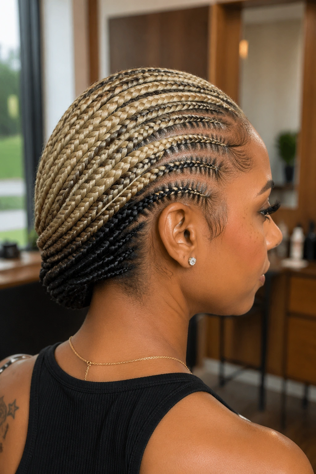 Close-up portrait of real woman with blonde top cornrows and dark underlayer in salon lighting