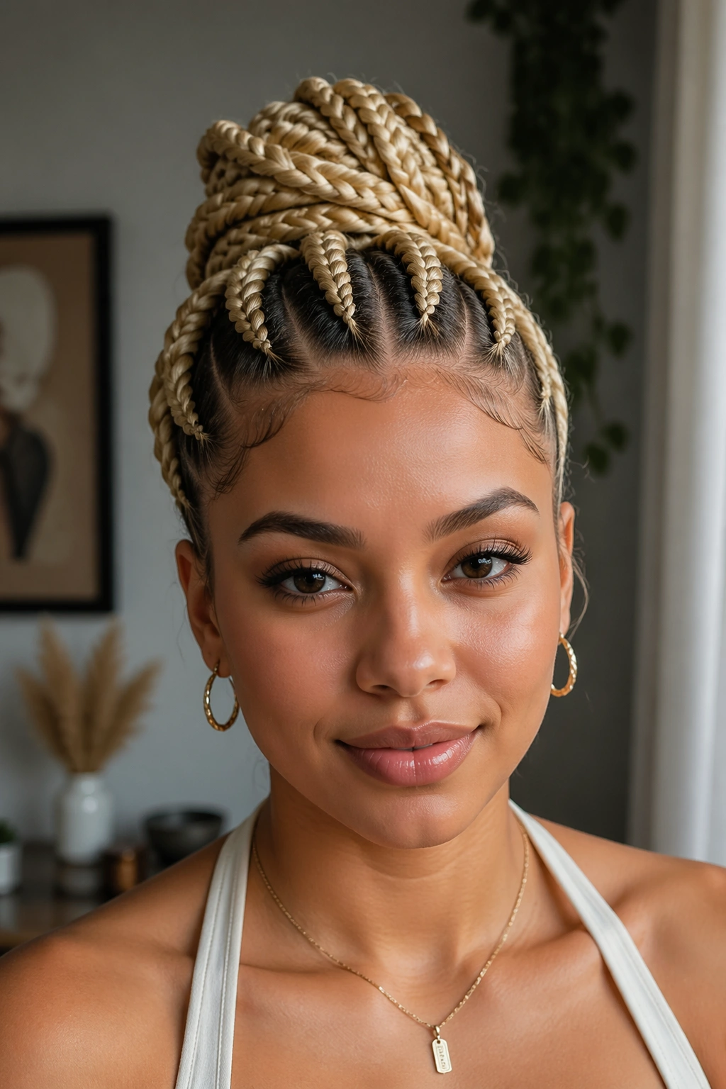 Front portrait of a real woman with blonde cornrow updo and visible scalp pattern