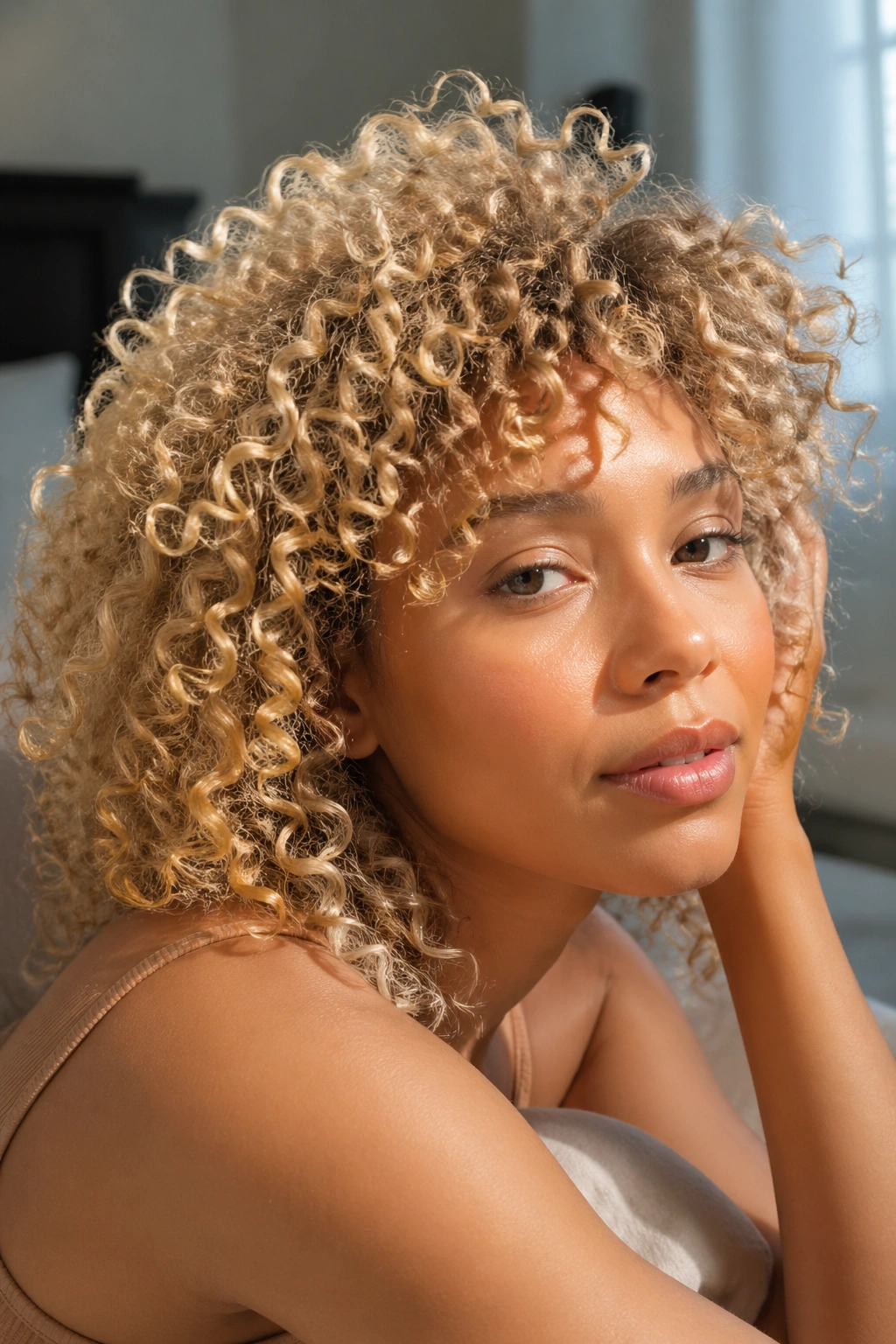 Close-up of a real woman with blonde natural curls, showing dimensional light on textured hair