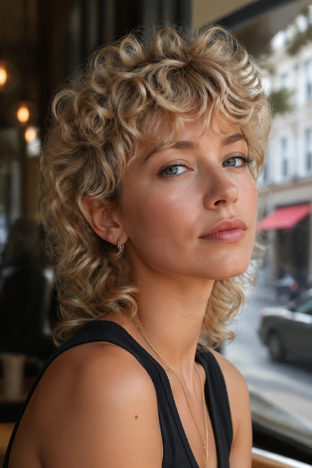 Close-up of real woman with blonde curly mullet in natural light.
