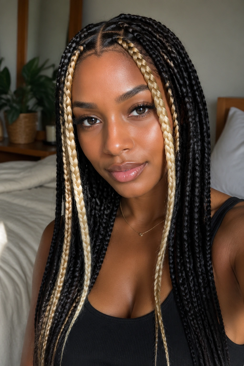 Real person with blonde face-framing braids around a dark base in soft window light.