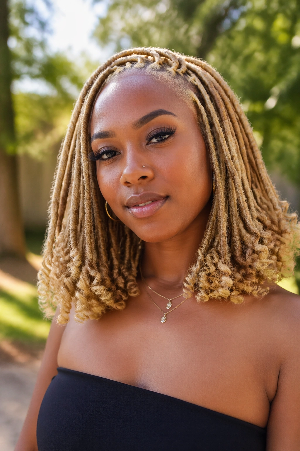 Portrait of a real woman with shoulder-length blonde faux locs in natural daylight