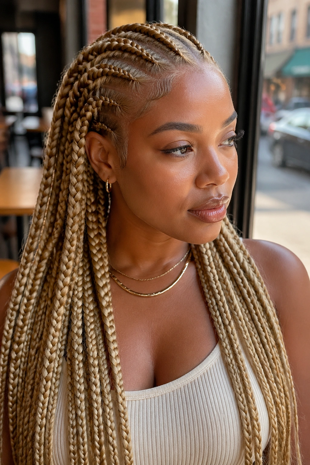 Close-up of real woman with blonde feed-in braids under urban cafe lighting.