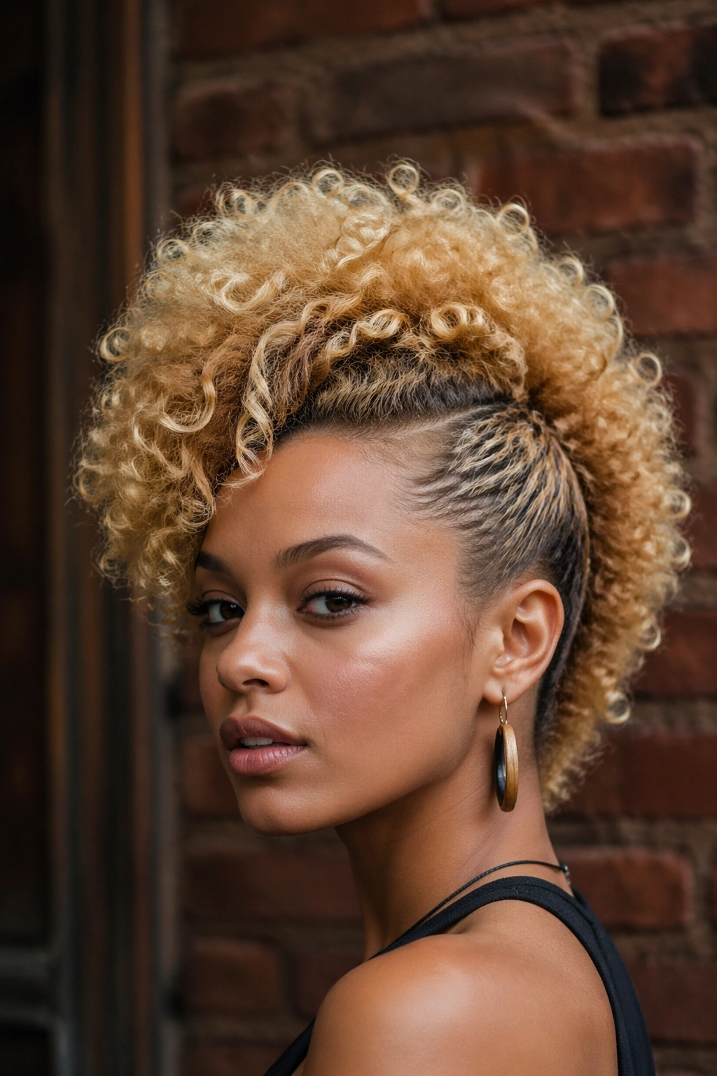Close-up of a real woman with a blonde curly frohawk