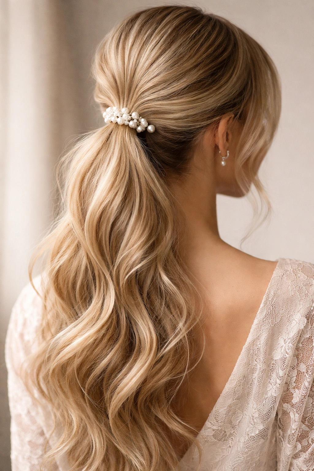 Blonde ponytail with pearl pins at the base
