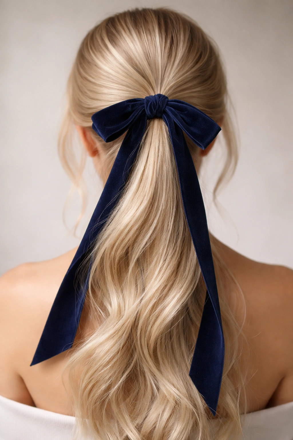 Close-up of a blonde ponytail with a navy velvet ribbon tied at the base