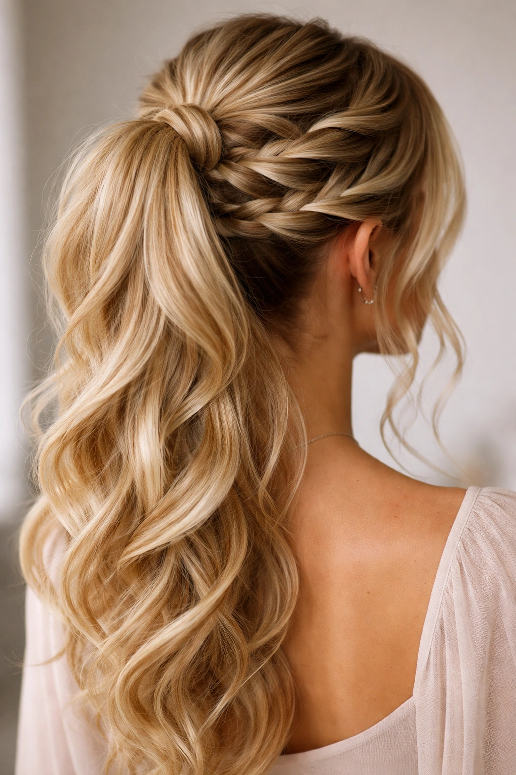 Blonde ponytail with waterfall braids around the base