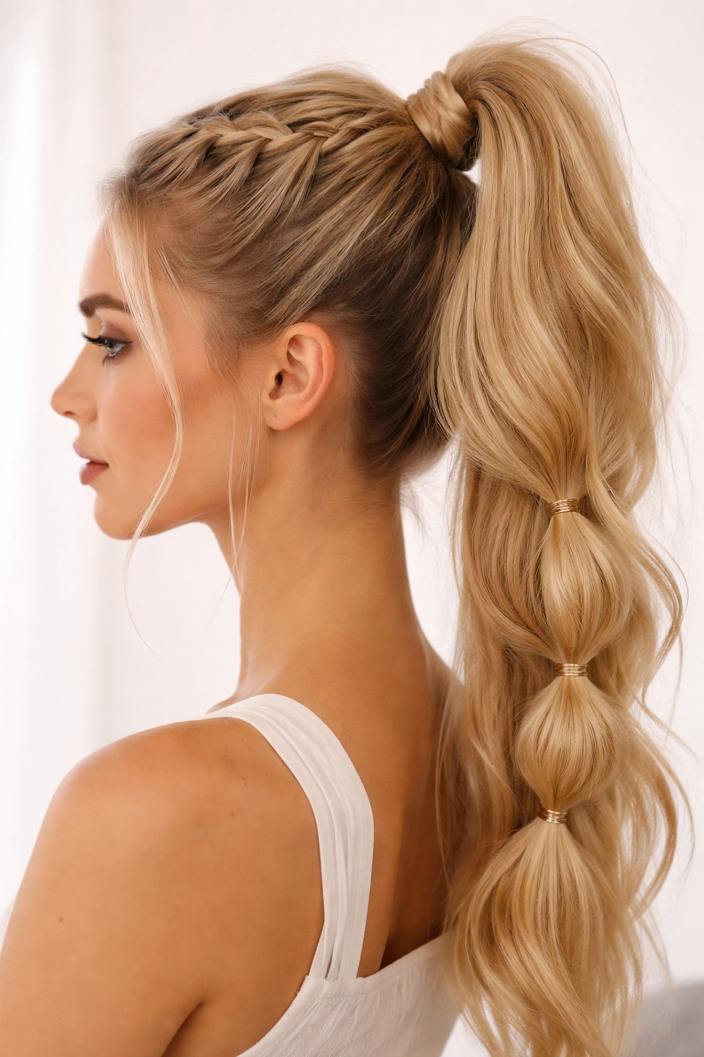 Blonde half-braided bubble ponytail with crown braid and bubble segments