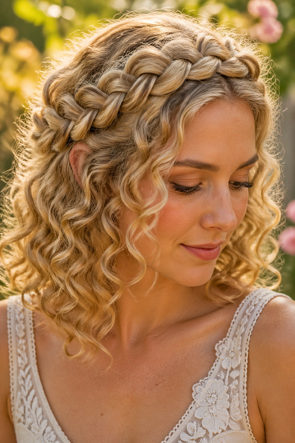 Close-up of a real woman wearing a blonde halo braid around the crown.