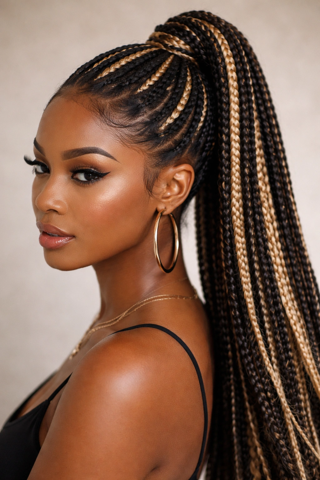 Braided high pony with blonde highlights adding dimension against dark hair