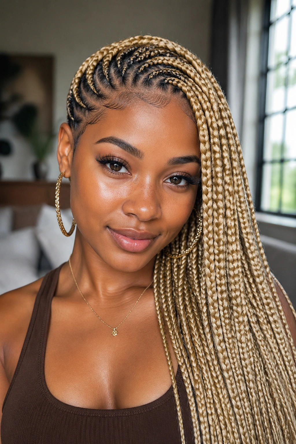 Close-up of a real woman with blonde lemonade box braids