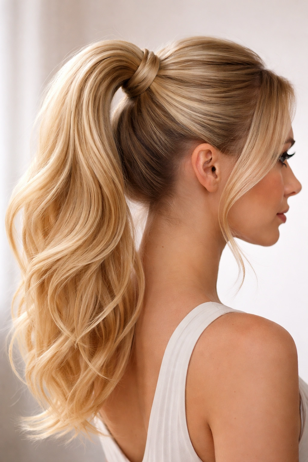 Blonde loop-through high ponytail with lifted base and loop detail