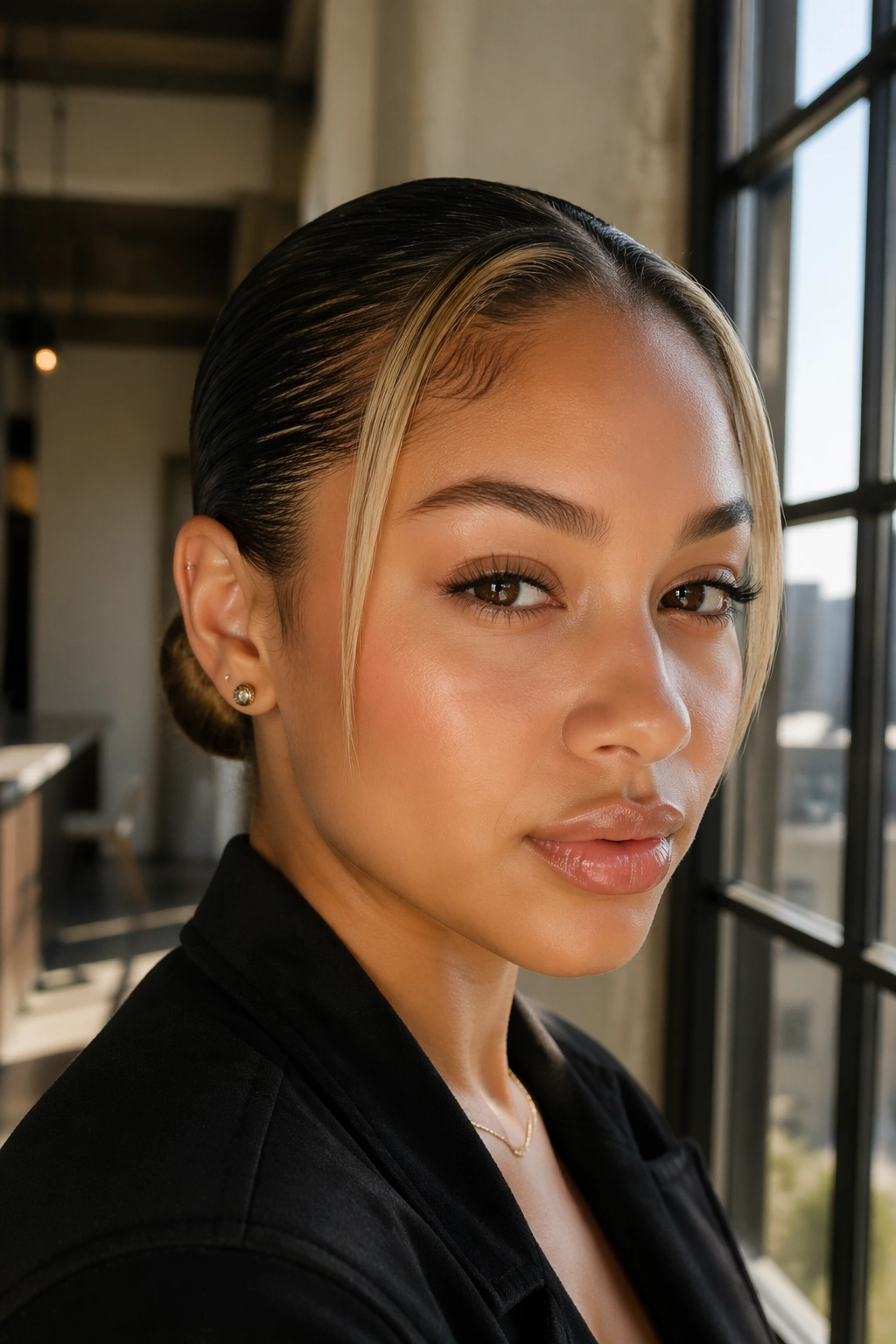 Close-up of slicked-back hair with blonde money piece at the hairline