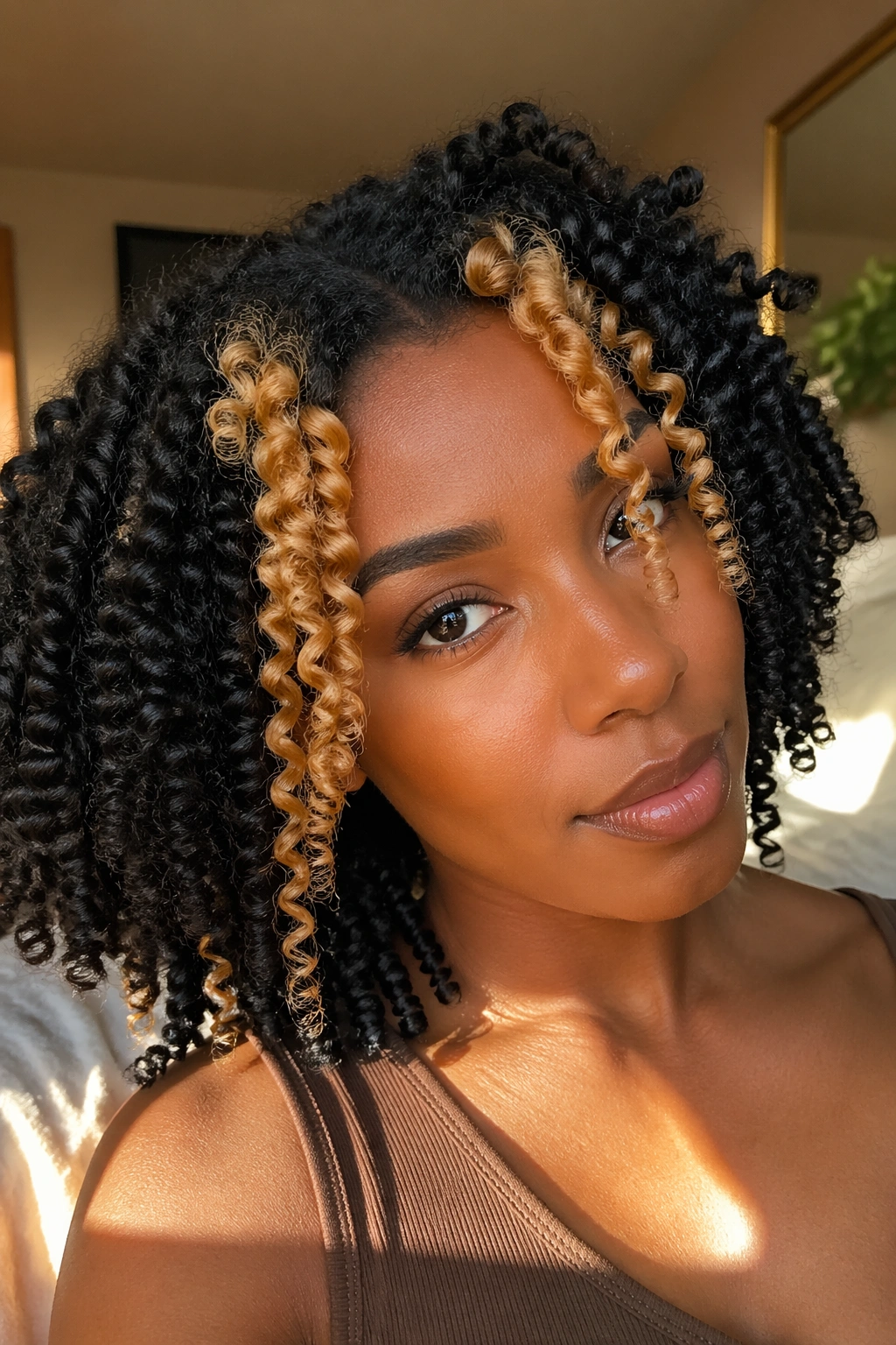 Close-up of real woman with blonde money piece on twist-out